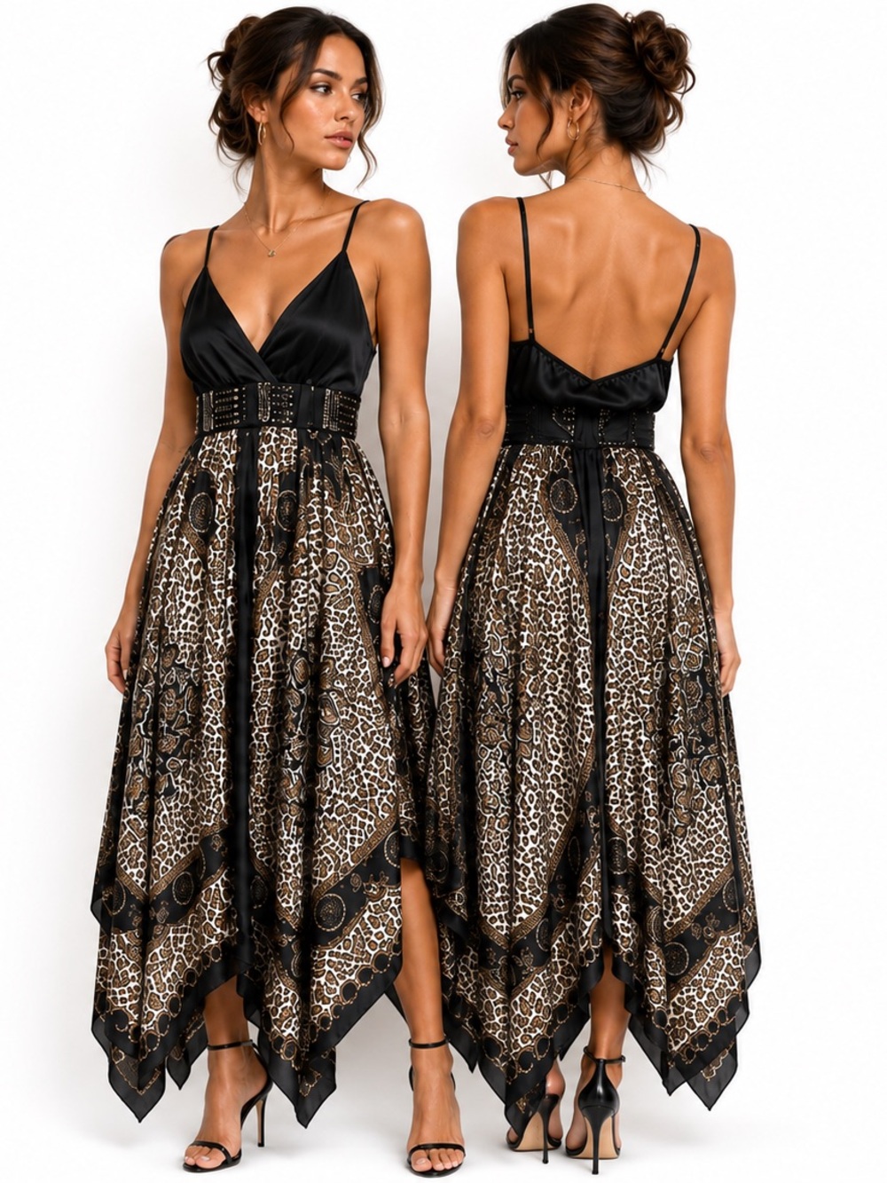Black & Beige Leopard-Print Asymmetrical Handkerchief Hem Dress